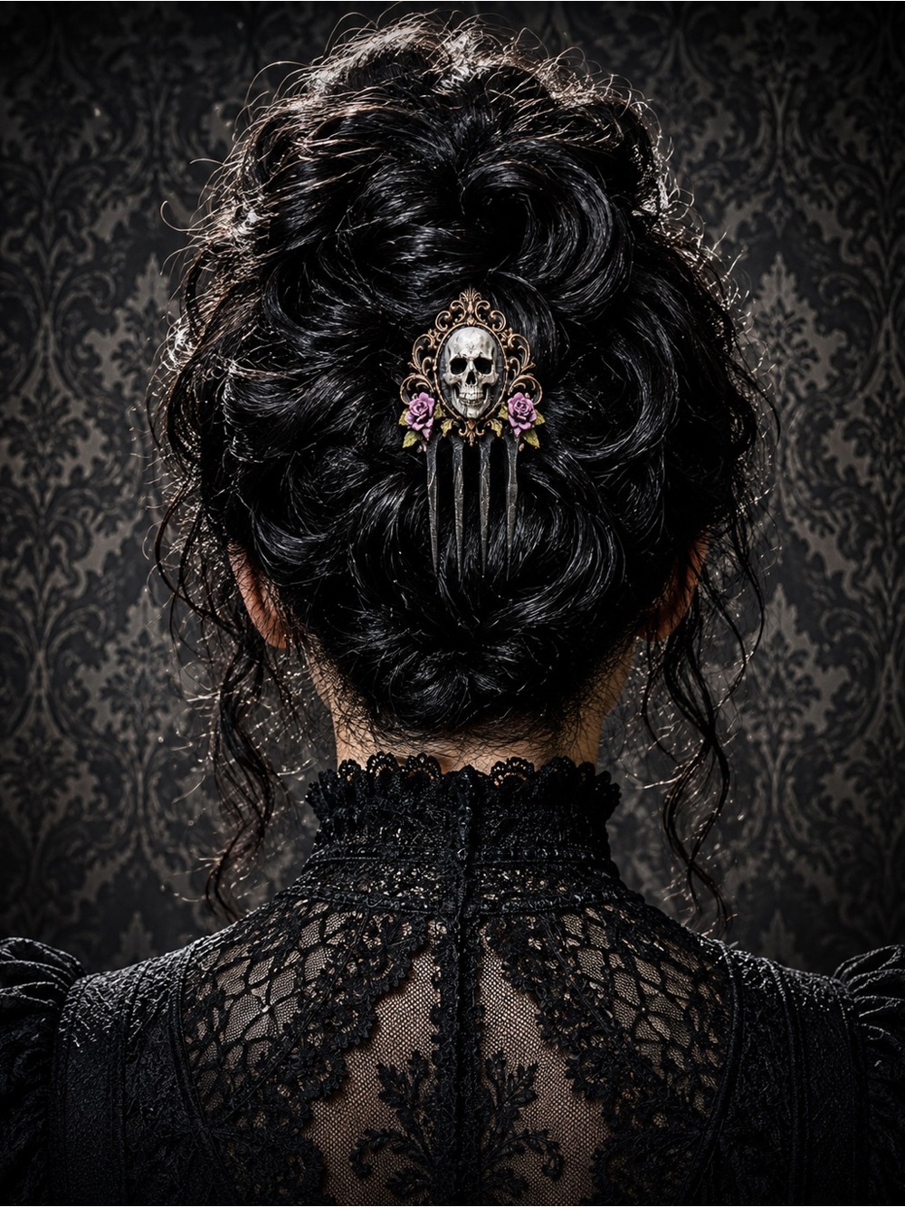 Gothic Skull Hair Comb with Pink Rose Accents